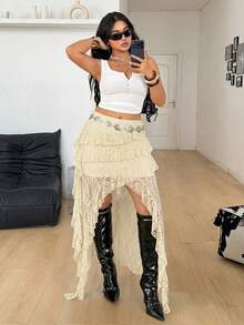 Coolane Women's Plus Size Summer Concert Streetwear Vacations Boho Y2K Country Concert Breathable Mesh Fabric Asymmetrical Ruffle Fringe Mid Rise Long Skirt  Oversized Inclusive Sizing Flattering Plus Size Skirt  - Apricot - View 4