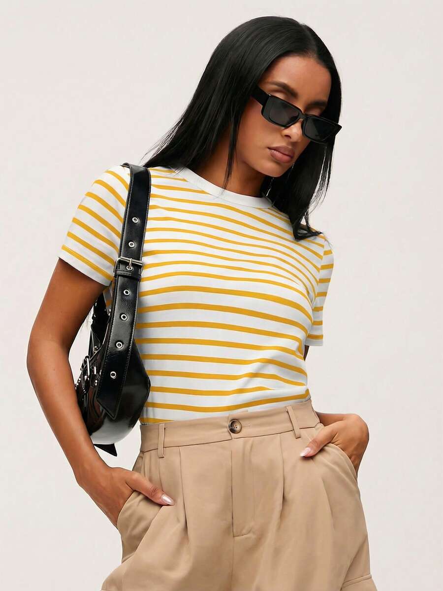 SHEIN BASICS 女款條紋休閒百搭日常短袖T恤黃色條紋上衣夏季上衣
