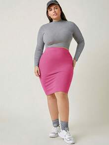 SHEIN BASICS 大码女式纯色休闲百搭通勤半身裙 - 玫紅色 - 查看 4