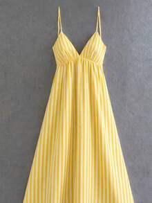 Cévolie 女士条纹露背吊带连衣裙 - 鵝黃色 - 查看 4