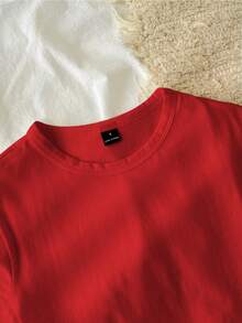 95% algodón. Camiseta corta de manga corta, cuello redondo, ajustada y recortada de unicolor minimalista casual para mujer, vintage, softgirl, elegante. Se puede usar en todas las est - Rojo - Ver 4