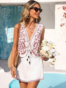 Vivid Eden 女士印花系带上衣和迷你裙休闲度假两件套 - 紅色 - 查看 9