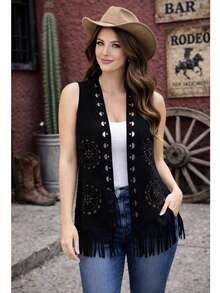 Chaleco Vaquero Moderno con Ruedo de Flecos y Calado Frontal MOD 2 - Negro - Ver 2