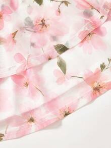 SHEIN 少女碎花印花系带肩部层叠下摆收腰吊带连衣裙，适合海滩度假 - 彩色 - 查看 7