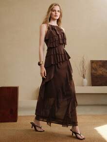 Arave Đầm dự tiệc thanh lịch dành cho nữ, chất liệu chiffon, cổ thuyền, viền bèo nhún, eo thắt. - màu nâu - Xem 6