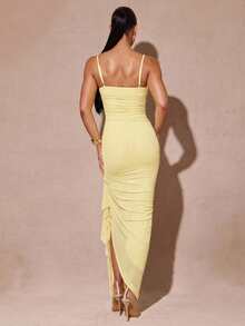 Silquee Elegant Pale Yellow Summer Seductive Party Dress, Ruffle High Slit Maxi Cami Bodycon Dress For Women,Valentine's Day,Date,Wedding Guest,Prom - Light Yellow - View 7