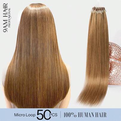 微环接发，100%真人发，6号色至浅棕色，14-22英寸直发，50束/包，隐形珠加厚微环接发，带鱼线，无需胶水，易于造型，适合细软发质，沙龙级效果，所有女性适用。