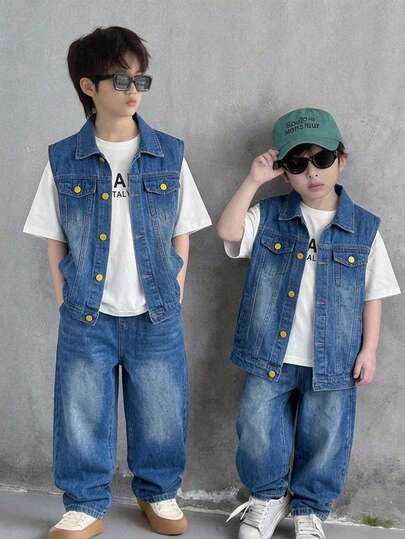 SHEIN 3pcs Kids Tween Boy Casual Korean Style Comfortable Denim Cardigan Vest, Jeans Pants Set