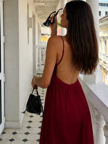 女士纯色露背休闲吊带夏季连衣裙 - 酒紅色 - 查看 2