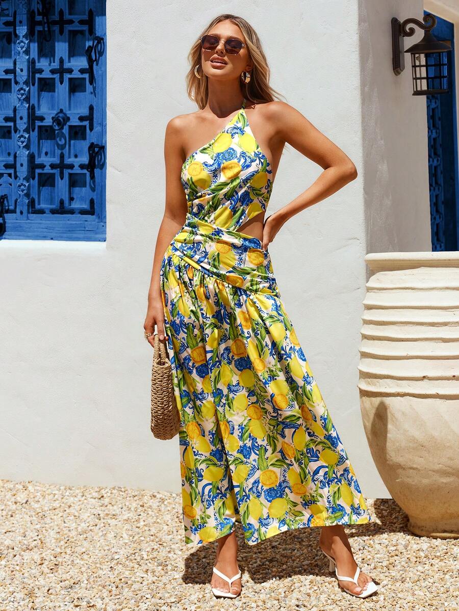 Vivid Eden Woven Printed Open Back Dress For Women,Women Summer Clothing,Vacation Style,For Beach Vacation - Yellow - View 1