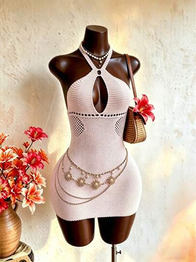 Roelina Áo tắm bikini đi biển gợi cảm màu trơn, khoét lỗ, chất liệu móc len dành cho nữ.