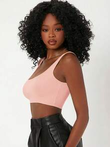 SHEIN BASICS 女士纯色露脐修身性感吊带背心 - 粉色 - 查看 8