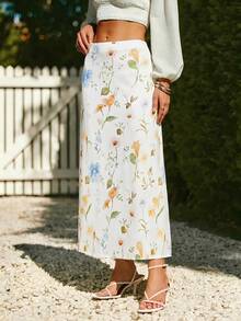 KARISMINA 女士休闲优雅浪漫度假印花A字裙，女士白色A字裙 - 藍白色 - 查看 3