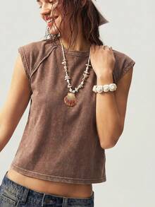Bohemela Solid Color Knit Crew Neck Fitted Washed T-Shirt For Women - Rust Brown - View 7