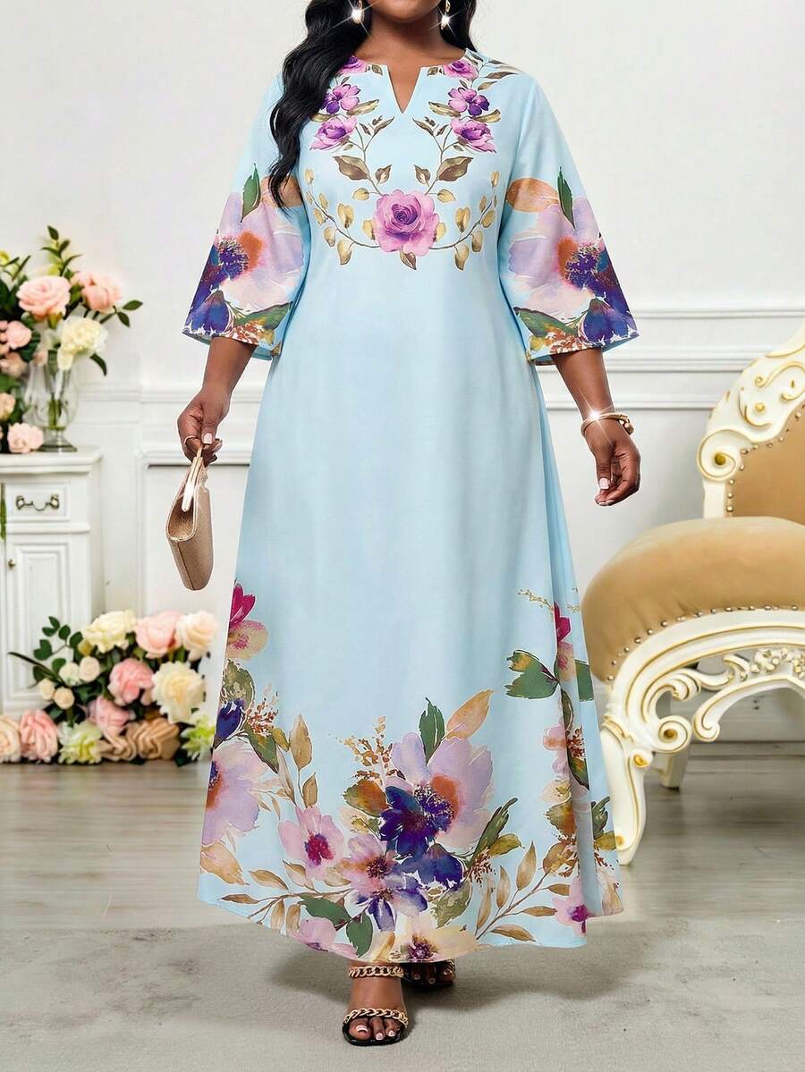 SHEIN Lady 休閒漫畫條漫與花卉印花女款長洋裝 2025 夏季新款大尺碼中長洋裝 淺藍色花卉印花洋裝 婚禮新娘派對婚禮適用 - 彩色 - 查看 1
