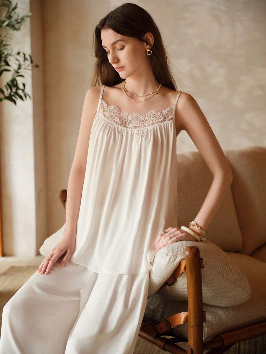 MOTF PREMIUM SOLID LACE TRIM CAMI TOP & PANTS LOUNGE SET - White - View 1