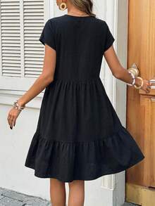 SHEIN LUNE Đầm cotton cổ chữ V dáng suông, đầm mùa hè, đầm xuân nữ, đầm đi biển nữ, đầm thường ngày nữ, trang phục nghỉ dưỡng nữ, đầm đen nữ, trang phục mùa hè nữ, trang phục du lịch biển nữ, đầm chống nắng nữ, đầm cổ chữ V nữ, đầm hè thường ngày nữ, đầm đen mùa hè - Nhiều màu - Xem 3