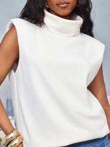 Denimoi High Neck Sleeveless Top Fold Over Neck Top Fashionable GNO Date Night - White - View 2