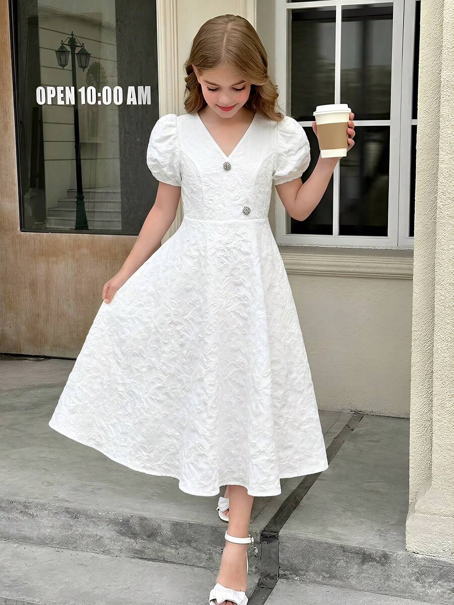 SHEIN Vestido de línea A con cuello en V, mangas de pétalo y cintura ceñida, de estilo elegante y jacquard, para niñas preadolescentes - Blanco - Ver 1