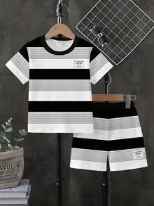 1 Set Boys' Black And White Striped Short Sleeve Shorts Set,Summer Casual Vacation Style,Suitable For Outdoor,Daily Wear,Sports In Spring & Summer - Multicolor - View 4