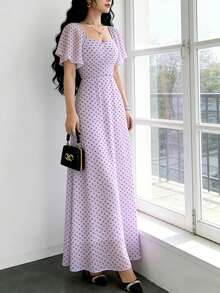 Modelyn Đầm nữ tối giản màu tím nhạt, họa tiết chấm bi, cổ vuông, tay ngắn, kiểu dáng thời trang, thích hợp cho kỳ nghỉ hè và mặc hàng ngày, phù hợp cho nữ đi nghỉ mát và mặc thường ngày. - Nhiều màu - Xem 4