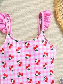 SHEIN Áo tắm liền thân dễ thương cho bé gái tuổi teen, có dây đeo vai và viền bèo nhún, thích hợp cho bơi lội, kỳ nghỉ, đi biển vào mùa hè. - Đỏ - Xem 3