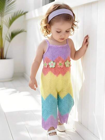 SHEIN Vintaside Kids Baby GirlSummer Romper, Cute Printed Loose Bib Pants, European And American Style