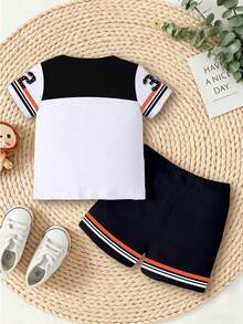 2pcs/Set Baby Boy Street Casual Sports Logo & Number 32 Print Color Block Short Sleeve Top & Shorts Set, Suitable For Outdoor Wear In Summer - Multicolor - View 2