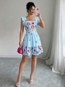 Elenzga Rochie de vacanță casuală pentru femei, albă, cu imprimeu digital floral multicolor, decolteu pătrat, tiv cu volane, fără mâneci, potrivită pentru carnaval, Ziua Muncii, Paște, întoarcerea la școală, Ziua Profesorului, student, campus, călătorii, stradă, grădină, vară, modă esențială nouă - Bleu - Vizualizare 3