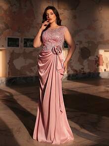 Plus Size Elegant Romantic Pink Round Neck Puff Sleeve Luxury 3D Embroidered Sequin Patchwork Chiffon Ruched Waist Mermaid Hem Dress, Suitable For Wedding, Party, Celebration, Formal Events, Luxury Evening Gown (Intricate Design) - Pink - View 4