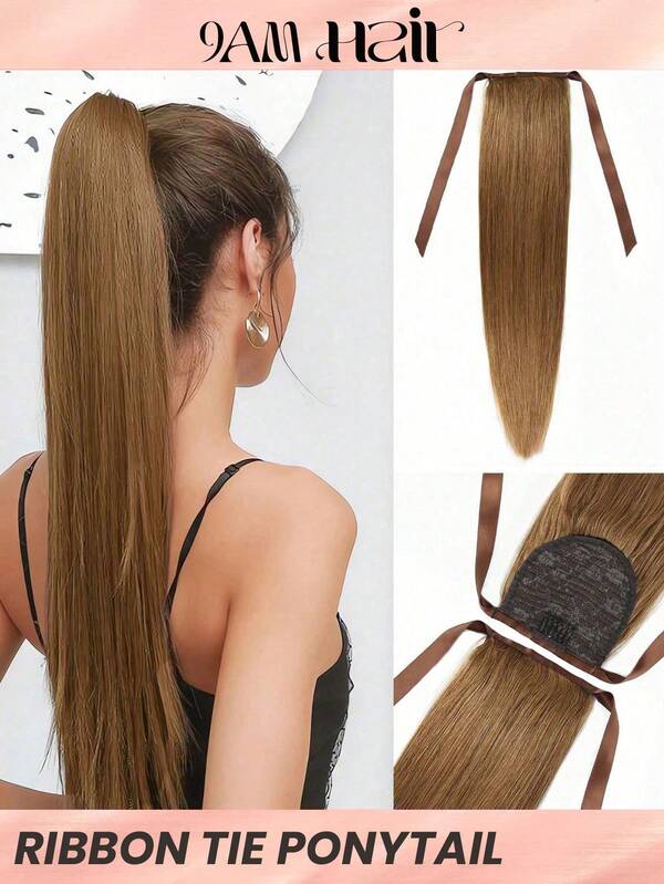1 pièce Extension de cheveux humains colorés pour queue de cheval droite avec ruban à nouer, nuance 6#, facile à porter pour une utilisation quotidienne pour les femmes