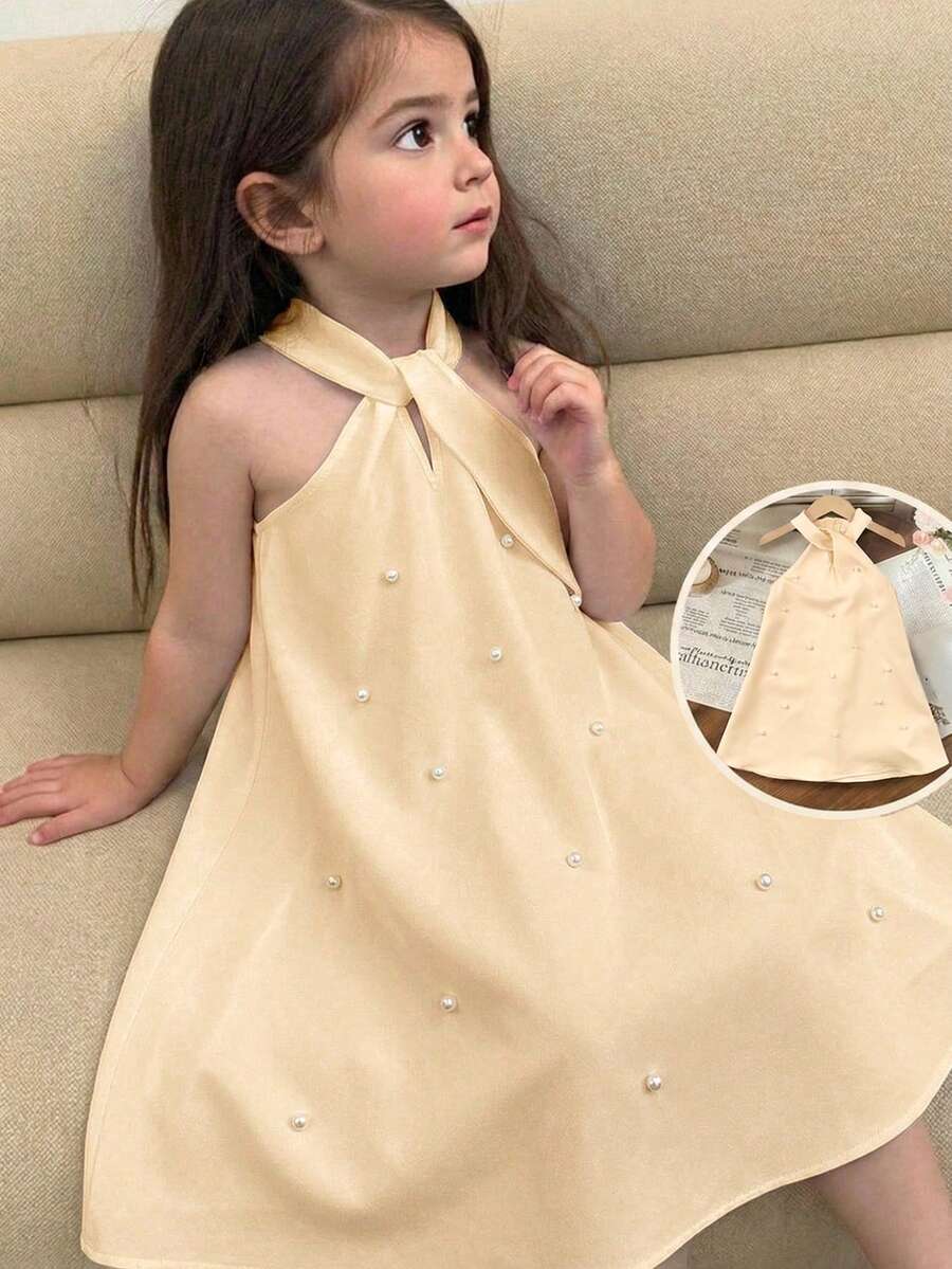 SHEIN Young Girls Halter A-Line Dress With Beaded Big Bow, Cute Princess Dress For Party, Banquet, Photo Shoot, Outing, Fashionable & Versatile - Beige - View 1