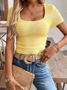 SHEIN Frenchy Tricou simplu, cu dungi, în culori contrastante, plisat, de bază, pentru femei - Galben - Vizualizare 3