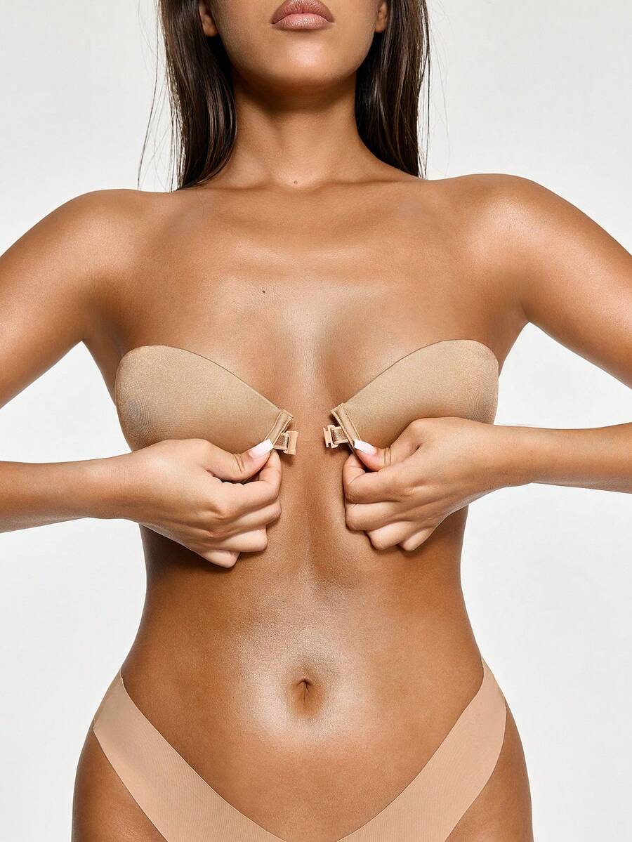 SHAPORA 1件杏色前扣式钢圈加厚防滑可拆卸肩带女士文胸 - 杏色 - 查看 1