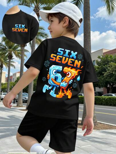 Camiseta básica de manga curta com design gráfico de slogan numérico 67 em estilo de desenho animado minimalista e refrescante, estilosa e personalizada, de uso casual para primavera e verão, confortável para uso diário por meninos pré-adolescentes, adequada para primavera, verão e outono