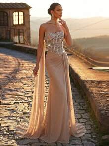 Elitara Elegant Luxurious Beaded Sequin Puff Ball Splice Elastic Knit Ruched Ruffle Hem Slit Fishtail Skirt With Halter, Suitable For Wedding, Party, Vacation, Prom, Evening Gown - Apricot - View 7