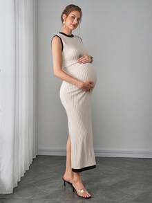 Momance Sleeveless Round Neck Maternity Dress With Metal Waist Buckle, Fitted Silhouette, Back Slit, Color Blocking - Apricot - View 6