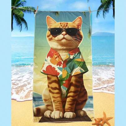 1条动物猫咪图案印花超细纤维速干沙滩巾，适用于游泳、沐浴、户外旅行、夏季旅行、度假沙滩等场合，是必备佳品。
