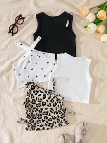 Set de 4 camisetas casuales de uso diario con estampado de leopardo y gráfico de corazón para niñas jóvenes - Multicolor - Ver 2
