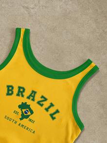 3 piezas Camiseta de mujer de cuello redondo con estampado gráfico de lemas de Brasil, Italia y España - Multicolor - Ver 3