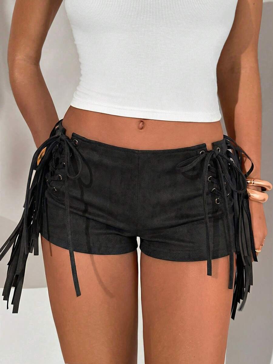 Aloruh Quần short da PU phong cách Bohemian mới dành cho nữ mùa xuân/hè, màu đen đậm và xám nhuộm tie-dye, quần short siêu ngắn bó sát có tua rua. - màu đen - Xem 1
