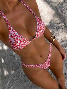 Swim Mod Women's Ditsy Floral Backless Sexy Thong Bikini Set, Beach Vacation - Multicolor - View 1