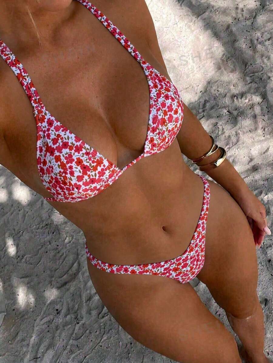 Swim Mod Women's Ditsy Floral Backless Sexy Thong Bikini Set, Beach Vacation - Multicolor - View 1