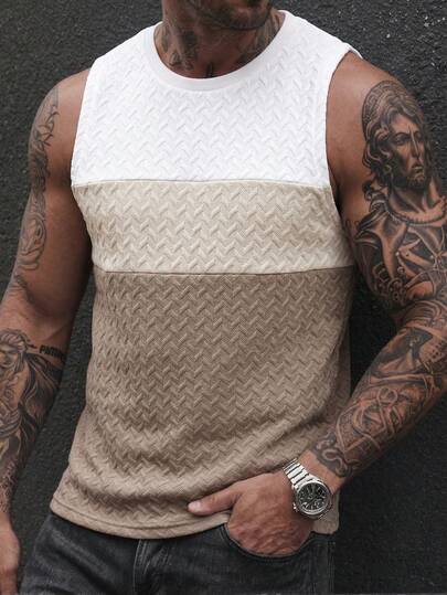 Manfinity CasualCool Men's Casual Crew Neck Sleeveless Vacation-Style Color-Blocked Tank Top, Beach Sports Tank Top, Men's T-Shirt Tank Top, A Summer Gift For Your Boyfriend.Men Old Money,Daily Leisure, Weekend Trips, Outdoor Activities, Travel Expeditions, Relaxed Work Environments Or Semi-Formal Occasions, Boyfriend/Husband Gift, Anniversary /Birthday Gift Party Summer Vacation Holiday,Wedding,Spring To Summer,Easter,Y2k,Vintage,Mens Summer Textured Knit Sleeveless Shirt Round Neck Colorblock Chest Muscle Fitness Tank Top,Men Sleeveless Tops,Men's Muscle Shirt,Workout Tanks For Men,Tan Tops For Men,Mesh Top For Men