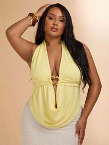 SHEIN BAE Áo tank top nữ cỡ lớn kiểu dáng thanh lịch, cổ yếm xếp ly, đính kim loại, thích hợp mặc đi nghỉ mát, mùa hè. - Vàng nhạt - Xem 1