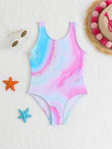 Bộ áo tắm liền quần in họa tiết nhuộm tie-dye cho bé gái, dây đeo rộng, cổ tròn, kiểu dáng giản dị, thanh lịch, duyên dáng, thích hợp cho bơi lội, kỳ nghỉ hè, bãi biển, hồ bơi, tiệc tùng. - Nhiều màu - Xem 1