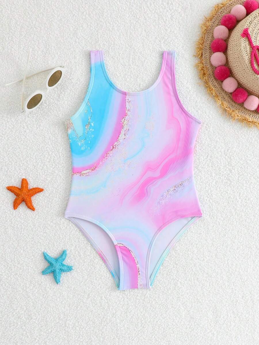 Bộ áo tắm liền quần in họa tiết nhuộm tie-dye cho bé gái, dây đeo rộng, cổ tròn, kiểu dáng giản dị, thanh lịch, duyên dáng, thích hợp cho bơi lội, kỳ nghỉ hè, bãi biển, hồ bơi, tiệc tùng. - Nhiều màu - Xem 1
