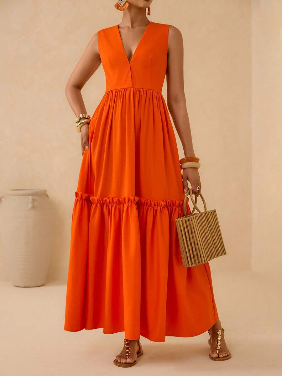Vesra Sleeveless V-Neck Orange Layered Pleated Patchwork Dress, Elegant Vacation Style, Flattering For Summer - Orange - View 1