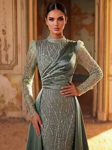 Aureia Đầm maxi dáng đuôi cá sang trọng, đính cườm, thêu sequin, tay voan mỏng, chất liệu satin, thích hợp cho đám cưới, tiệc tùng, kỳ nghỉ, dạ hội và các sự kiện trang trọng (được trang trí cầu kỳ). - màu xanh lá - Xem 5