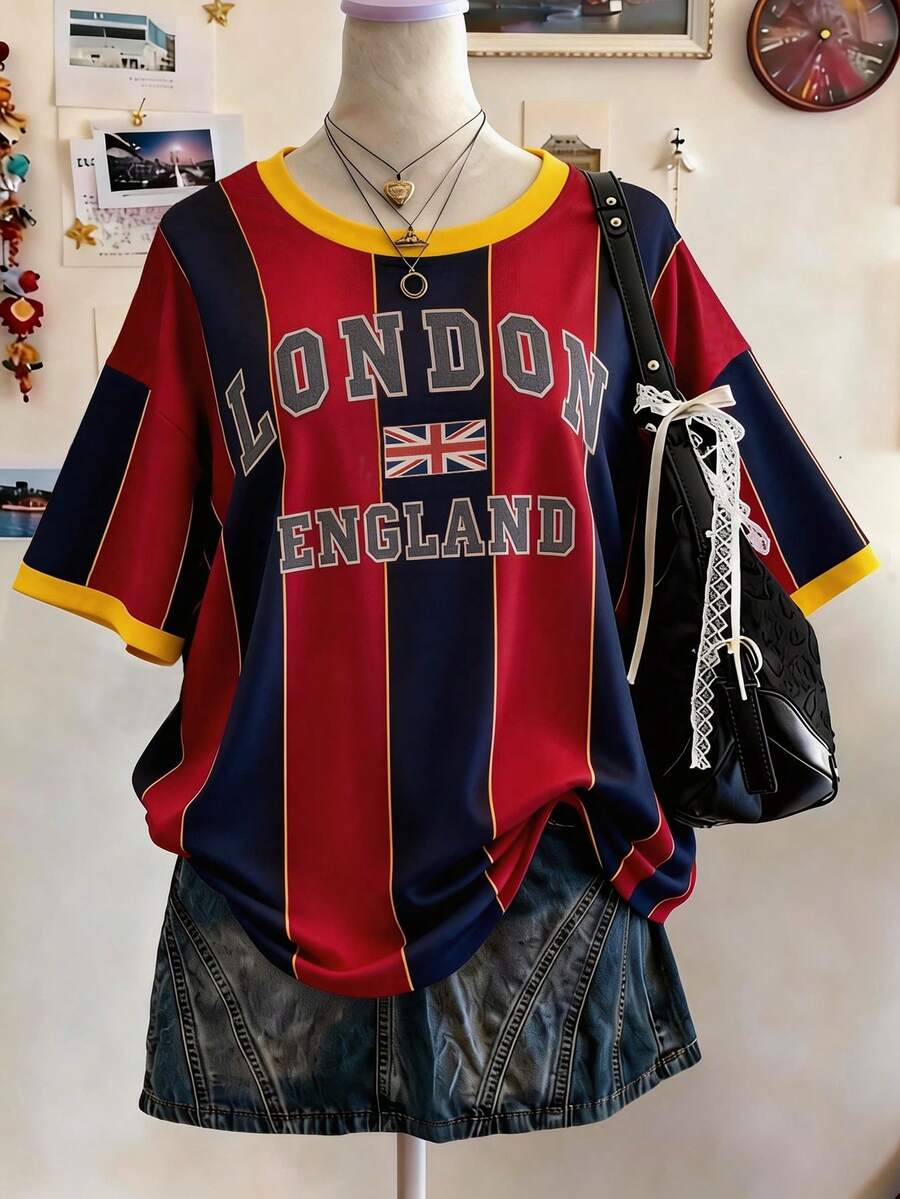 Lalippa Camiseta casual de mujer de cuello redondo y hombros caídos, de largo medio y estampado digital de la bandera británica, regalo para amigos - Multicolor - Ver 1